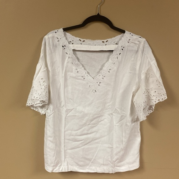 LOFT Short Sleeved Linen Eyelet Top with Deep Vneck back - Picture 6 of 8